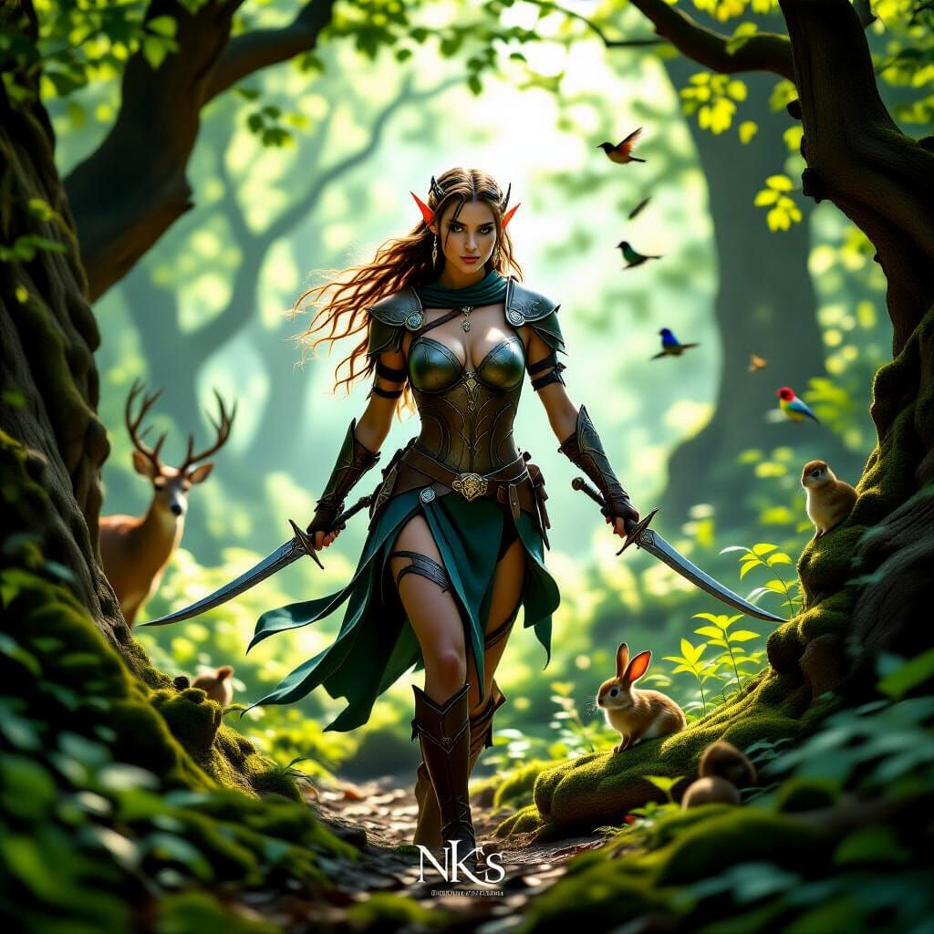 Realistic Elf Warrior in Enchanted Forest
