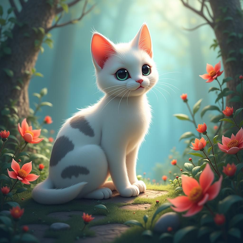 Cat in Ethereal Landscape, Matte Painting Style