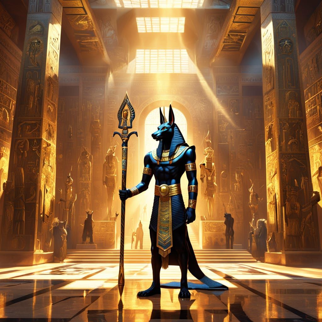 Anubis stands in a hall