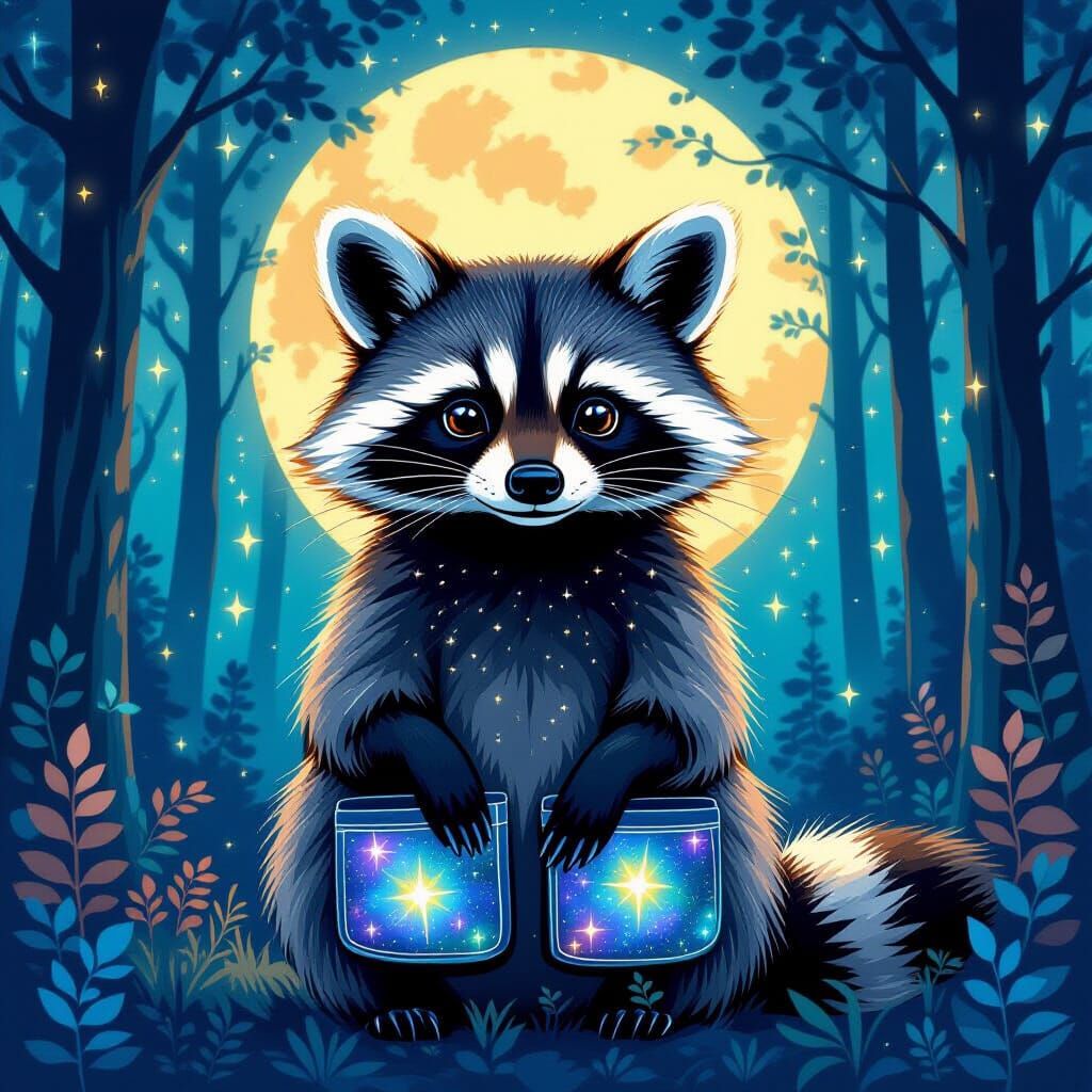 Raccoon with Stardust Pockets in Dreamy Forest
