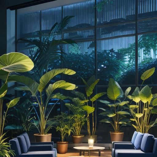 Elegant Indigo and Silver Lounge with Plants