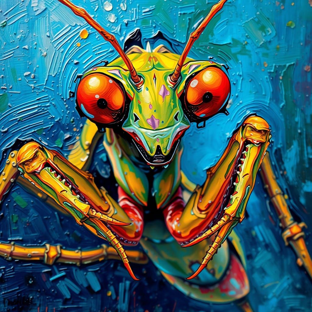 Ferocious Praying Mantis in Neo-Impressionist Style