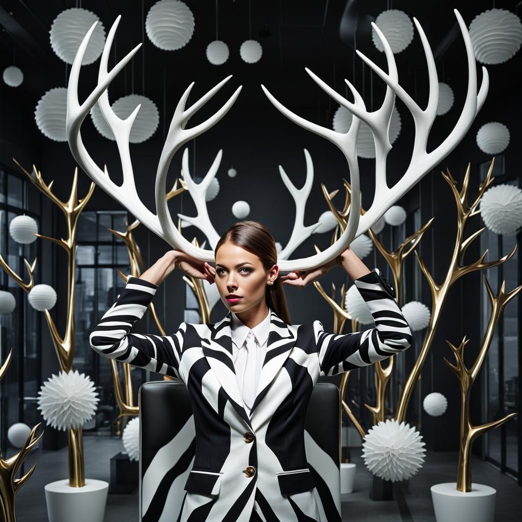 Woman with Antlers in Biomechanical Office