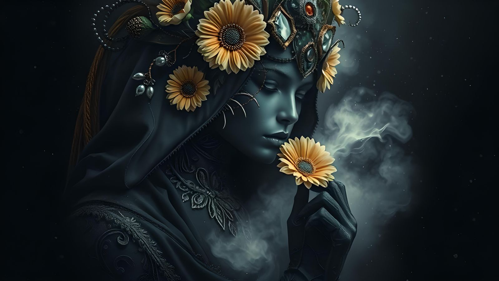 Dark Figure with Daisy Crown: Fantasy Art