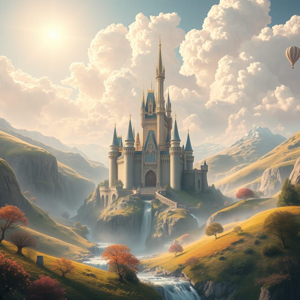 Ethereal Castle in Whimsical Fantasy Landscape