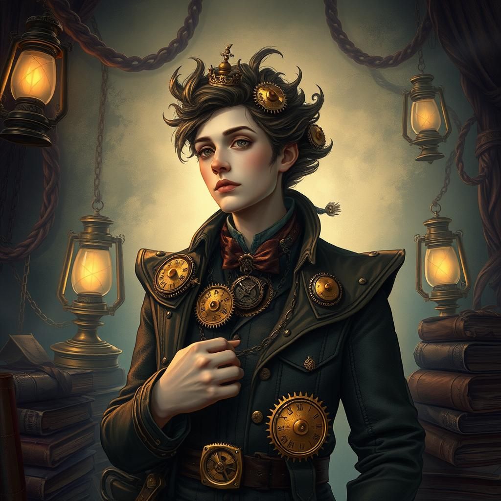 Steampunk Character with Clockwork Gears and Gas Lamps