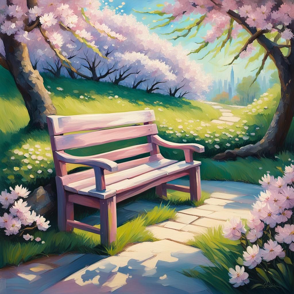 Sunlit Garden Bench with Sakura Blossoms as Oil Painting