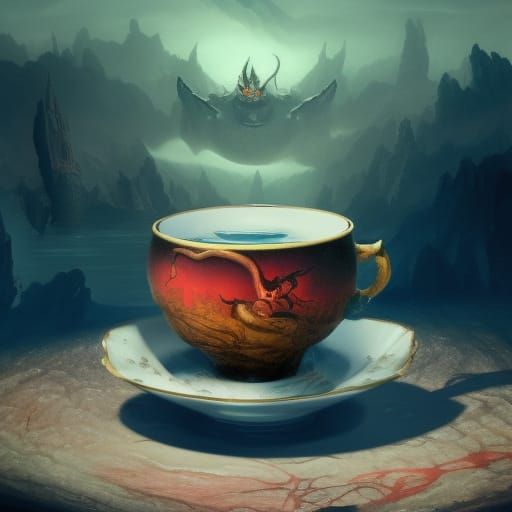 Small Demon in Teacup as Detailed Matte Painting