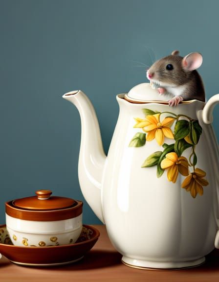 Photorealistic Teapot and Mouse in Storybook Style