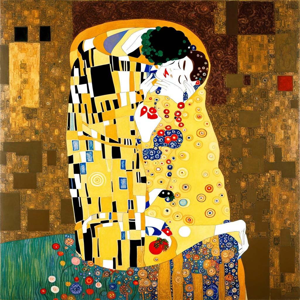 Romantic Golden Embrace in Art Nouveau Style