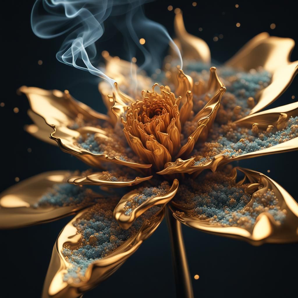 Smoking Fractal Gold Flower in Hyperrealistic Style