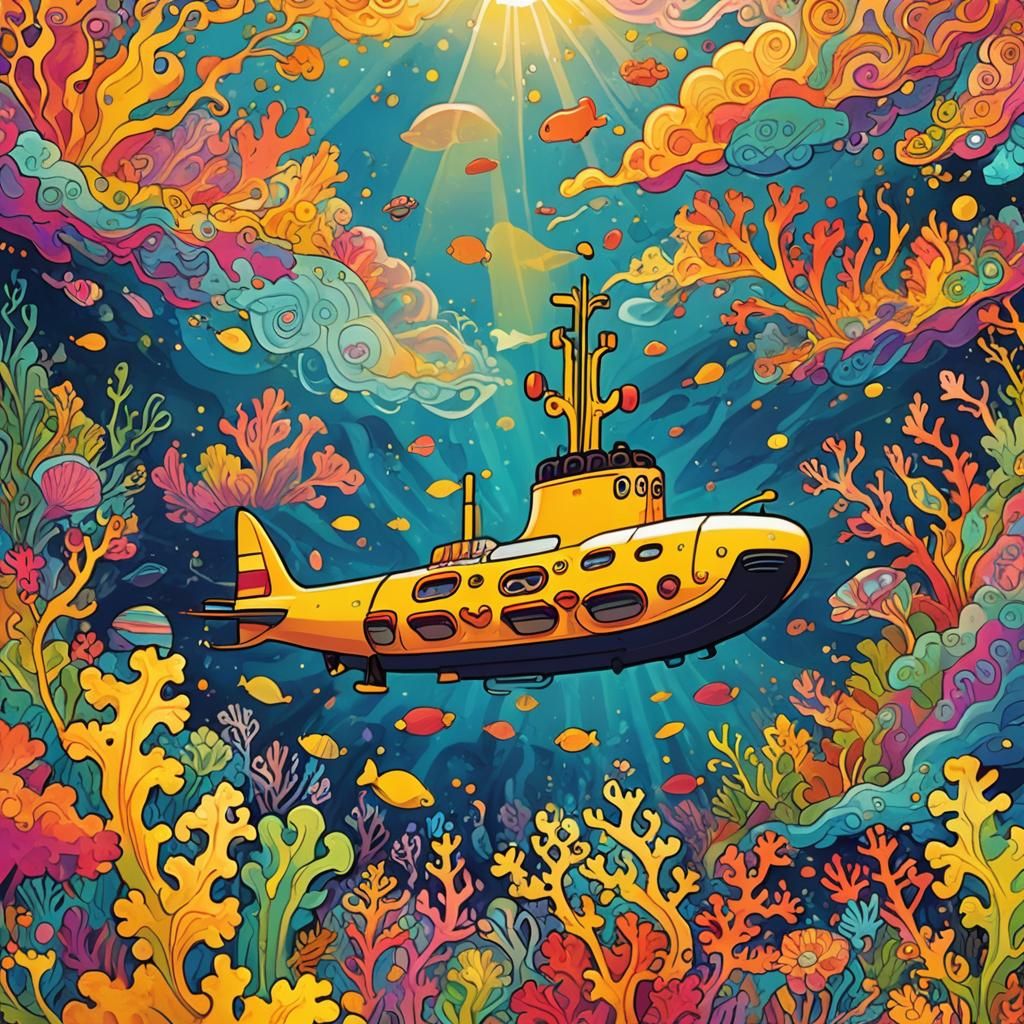 Psychedelic Yellow Submarine in Dreamlike Ocean