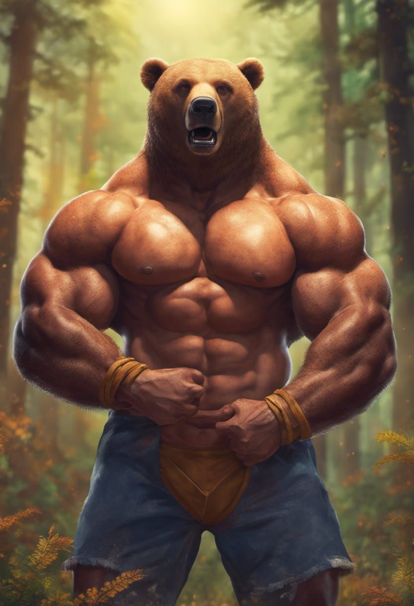 Bodybuilder Bear Flexing in Forest