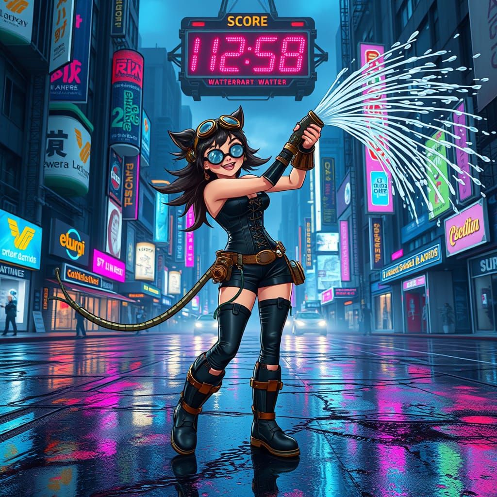 Cyberpunk Cityscape at Dusk: Steampunk Heroine Collects Digi...