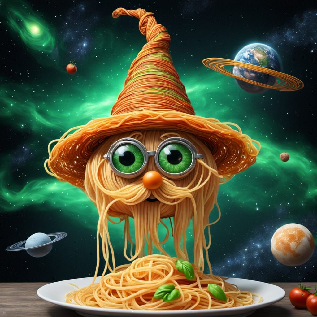 Cosmic Spaghetti Wizard with Green Eyes, Hyper-Realistic