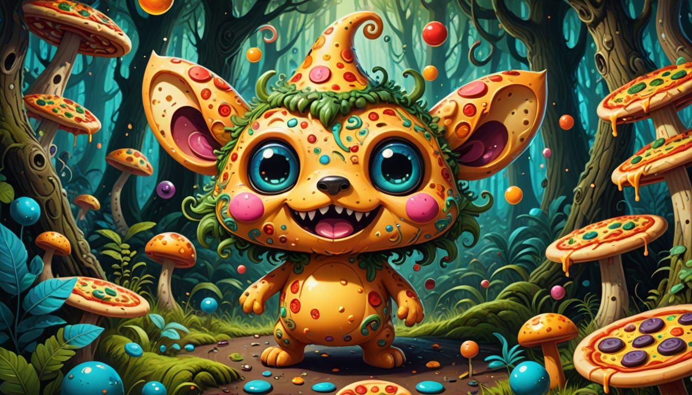 Pizza Creature in Psychedelic Graffiti Style