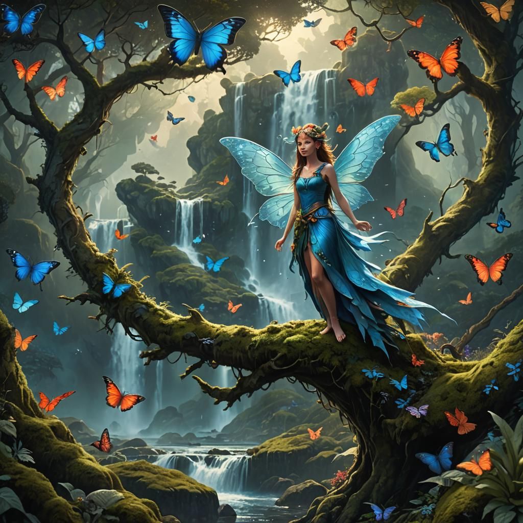 Fantasy Fairy with Dragon and Butterflies