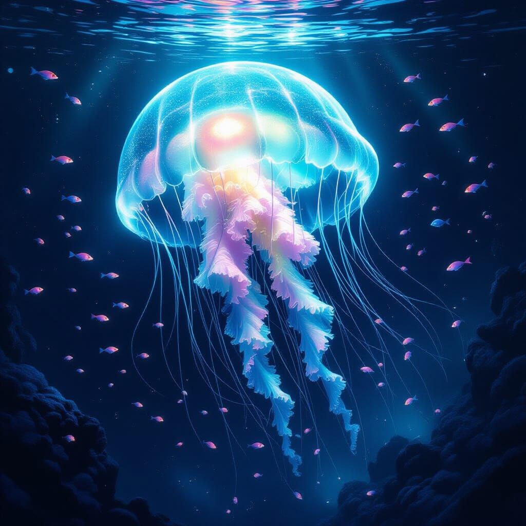Bioluminescent Jellyfish in Subterranean Ocean, Surreal Futu...