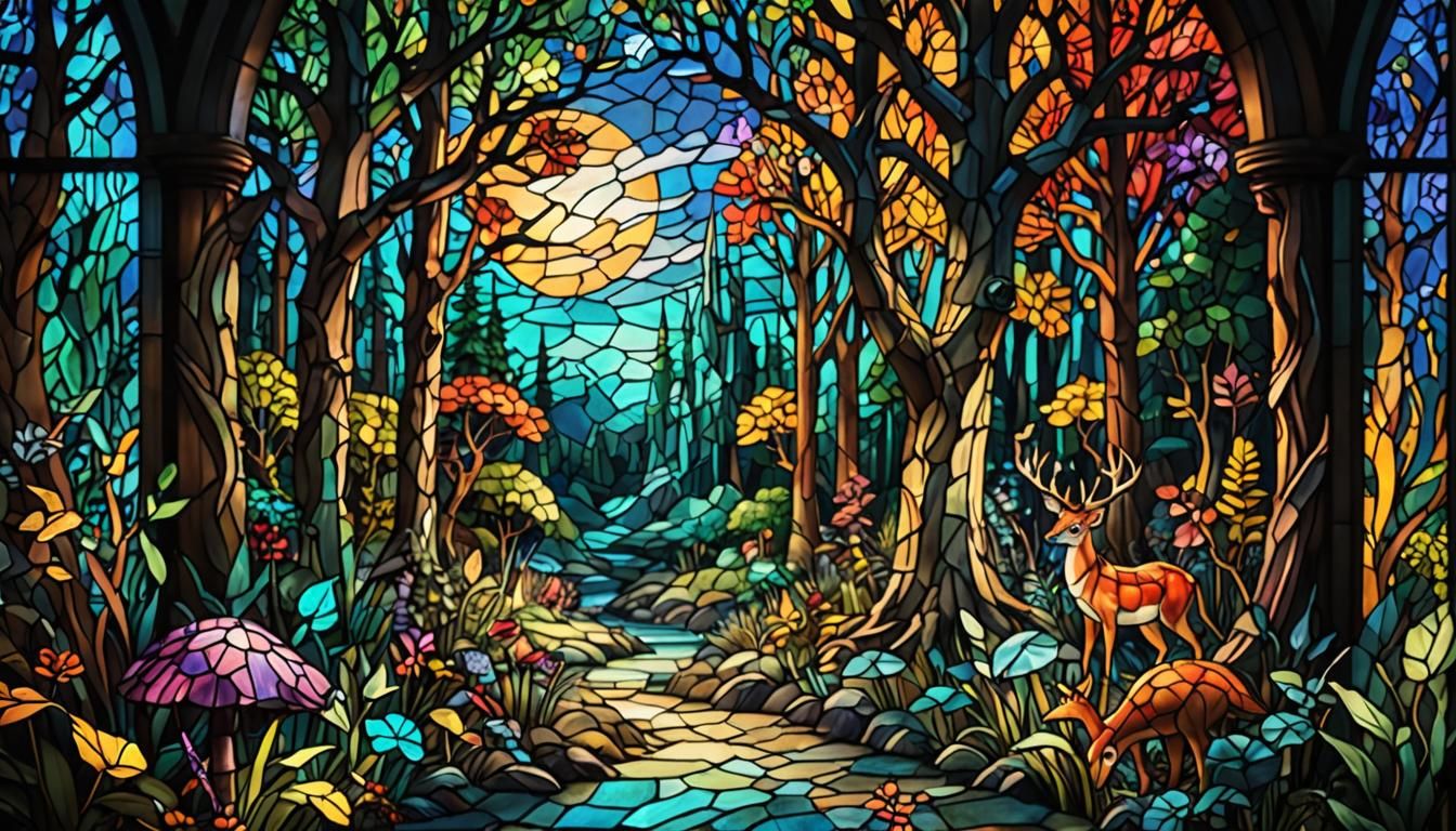 Magical Forest Through Stained Glass Window