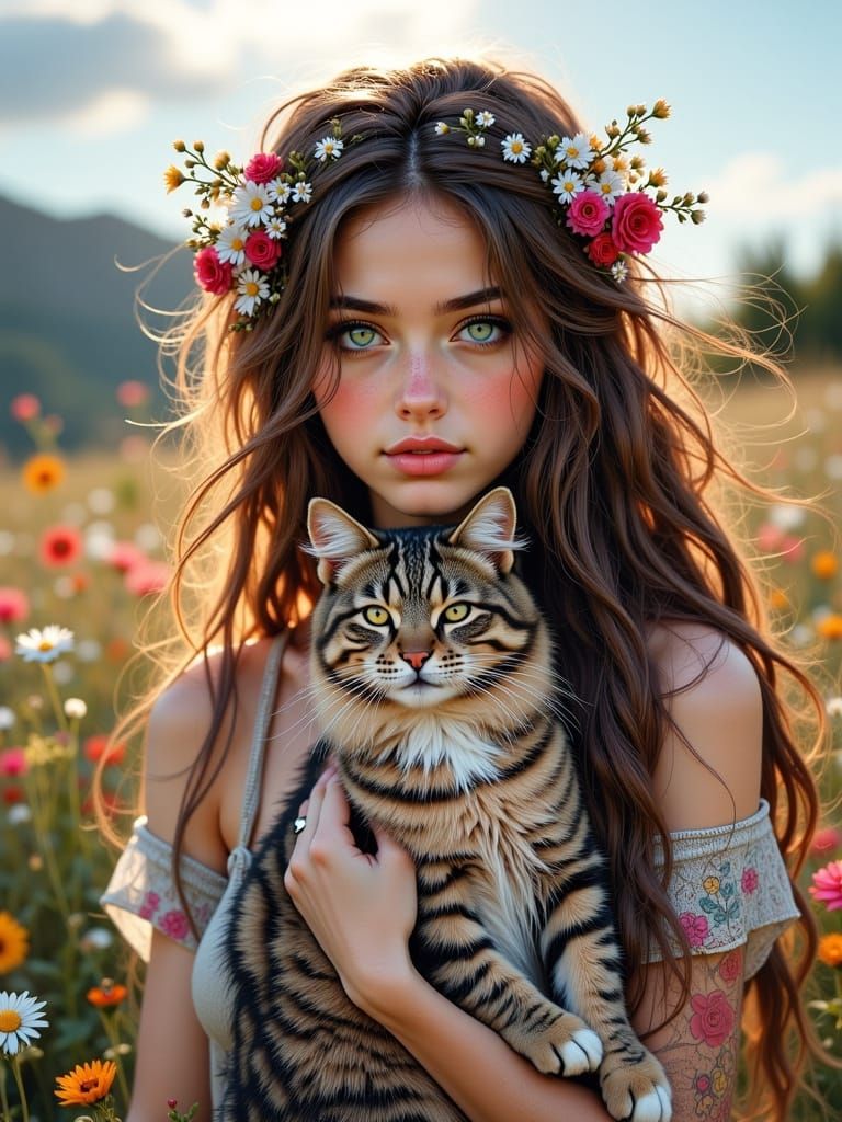 Hyperdetailed Portrait of Woman with Cat in Double Exposure