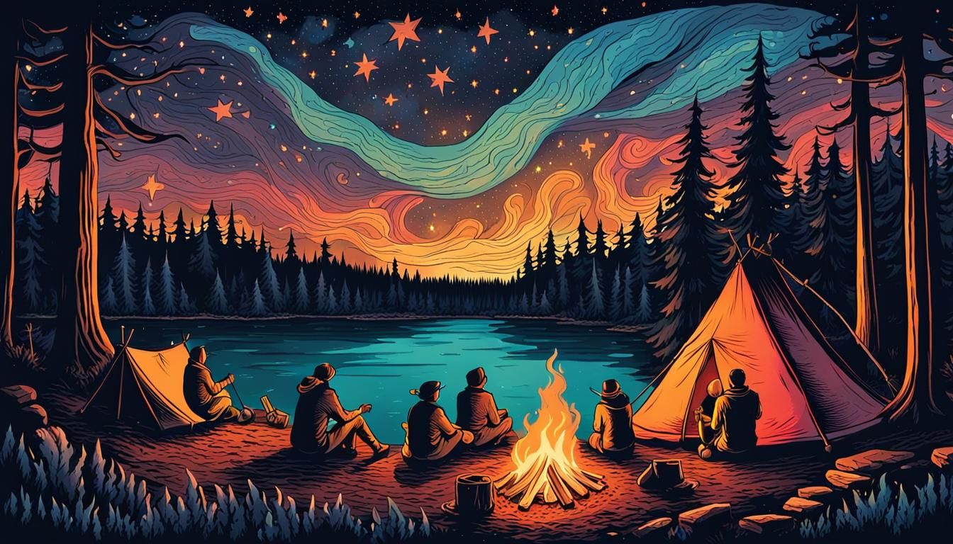 Whimsical Campfire Scene Under Starry Sky