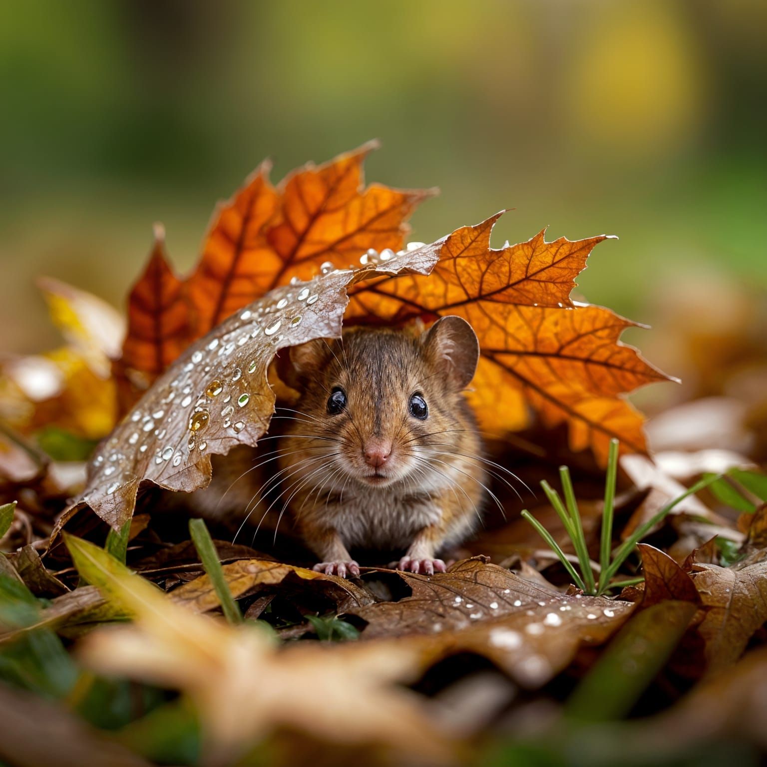 Tiny Mouse Peeks From Crimson Oak Leaf