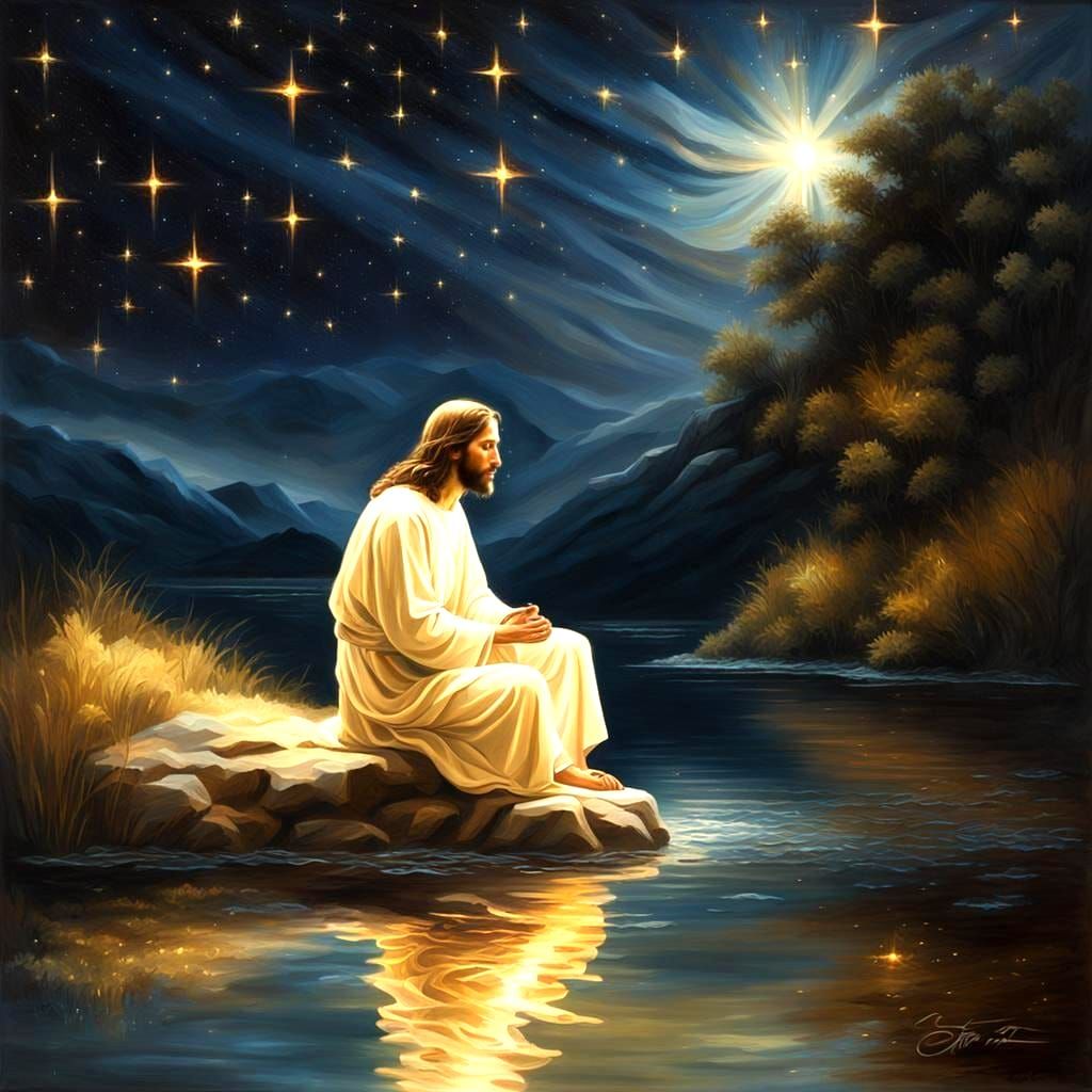 Jesus Christ Praying in River: Oil Painting
