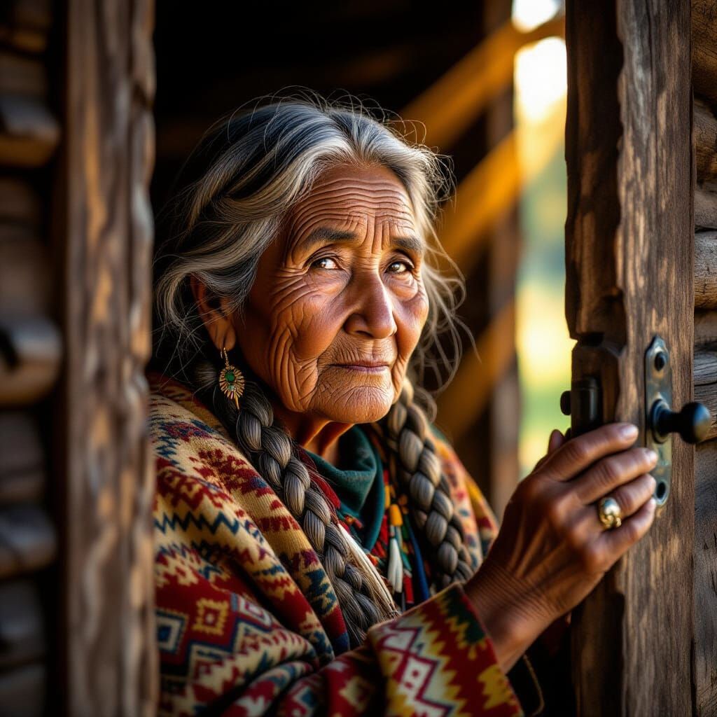 Elderly Native Woman Opens Door in Golden Hour Light