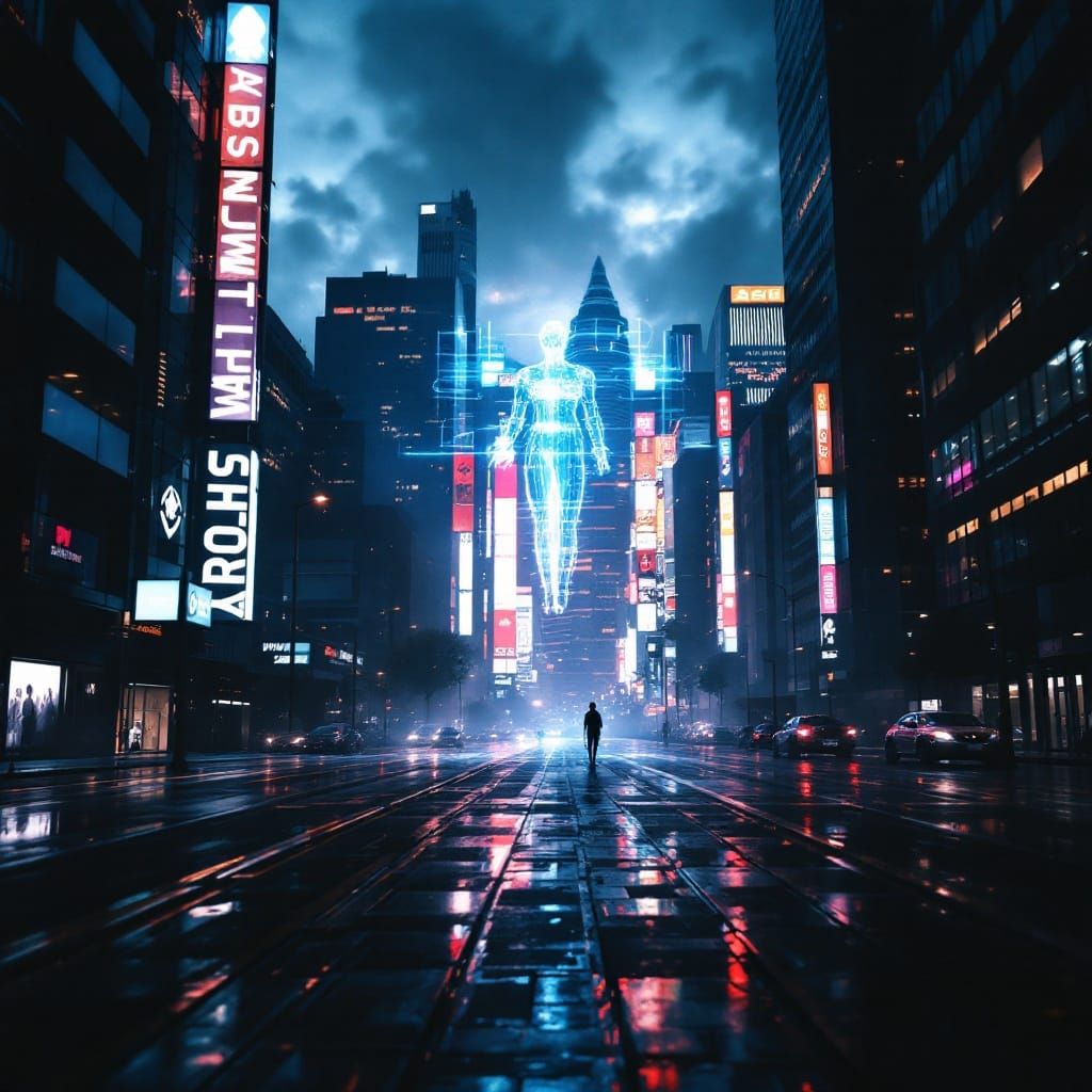 Sleek Futuristic City Illuminated by AI Hologram at Dusk