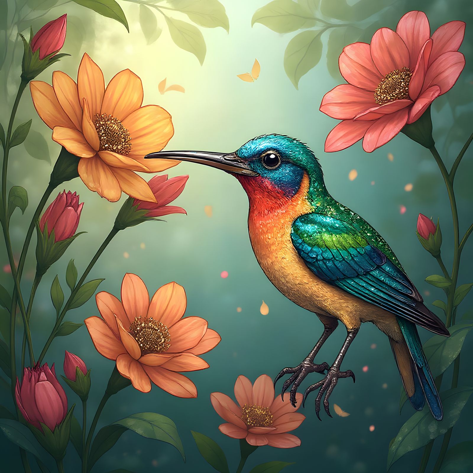 Whimsical Stained Glass Garden with Hummingbird, Art Nouveau...