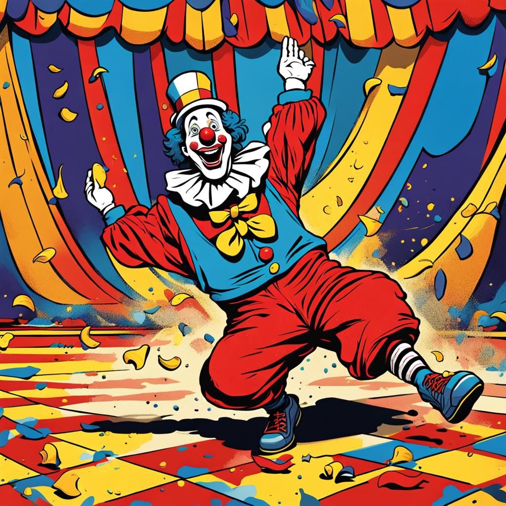 Clown Slipping on Banana Peel in Cartoon Style