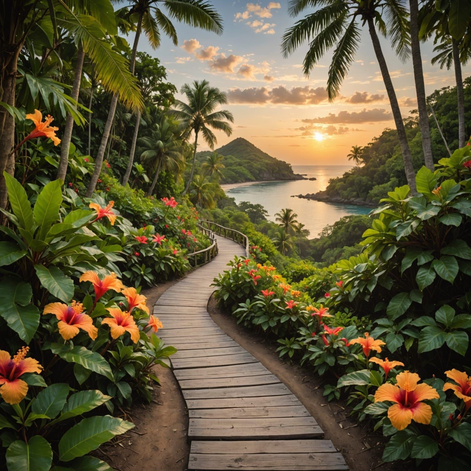 Tropical Lagoon Boardwalk at Sunset