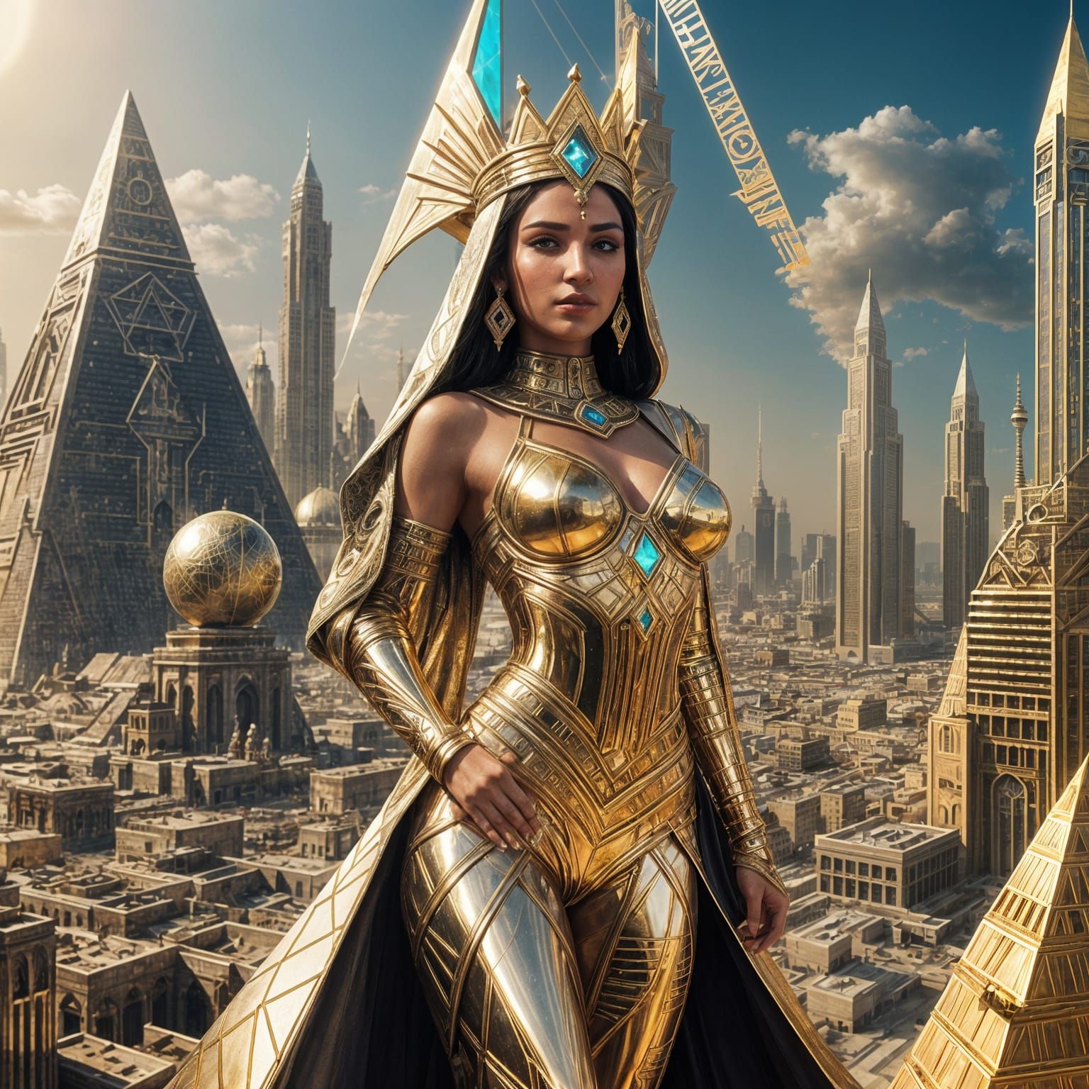 Arab Goddess standing on a futuristic pyramid wearing all go...
