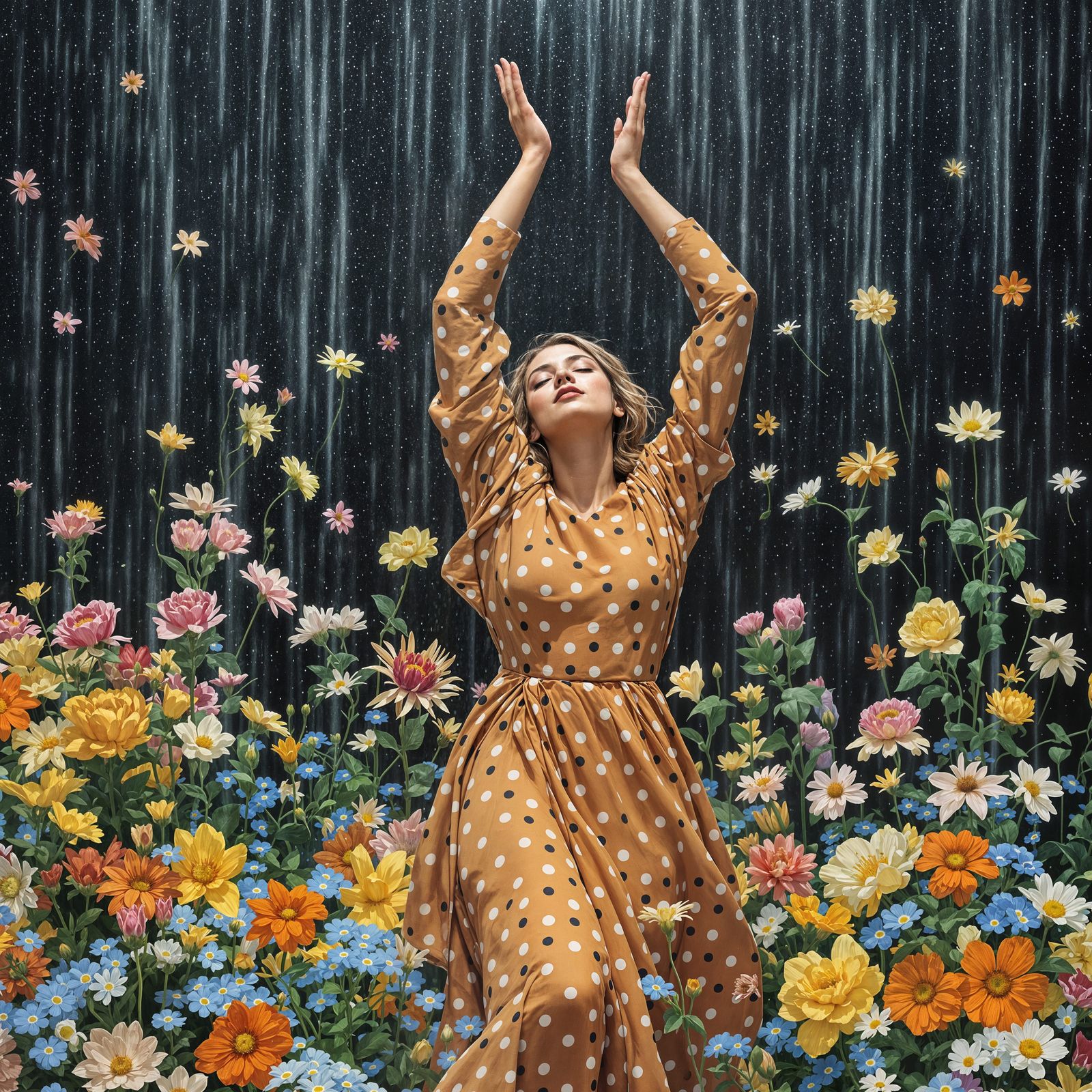 Serene Polka Dot Goddess in the Rain