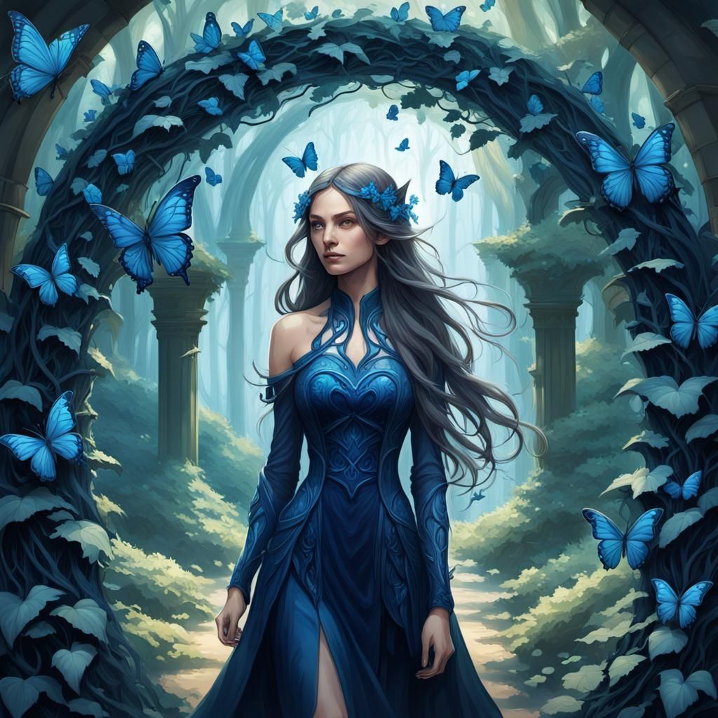 Forest Archway Portrait with Blue Magic, Art Nouveau Style