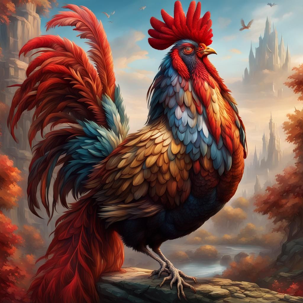 Majestic Rooster King on Golden Throne: Detailed Digital Pai...