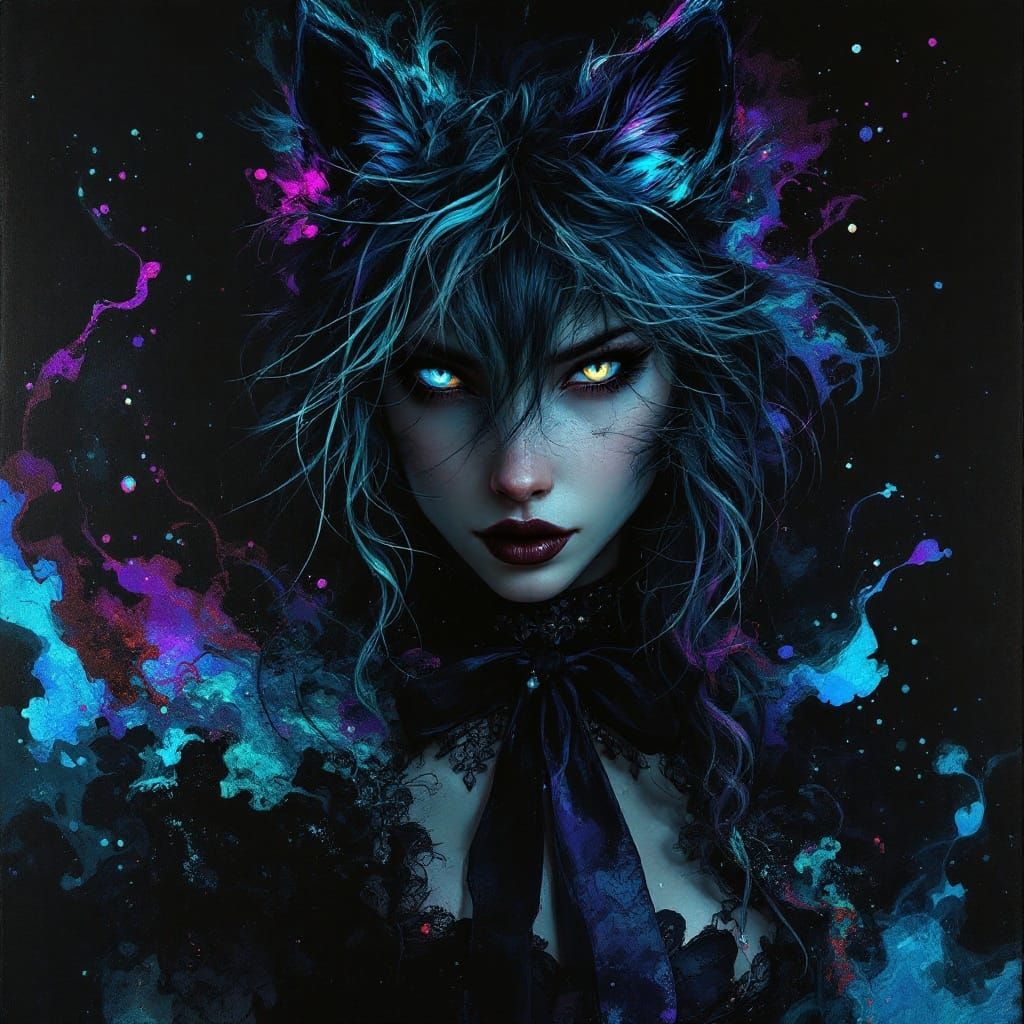 Gothic Wolf-Woman Portrait with Opalescent Ink Background