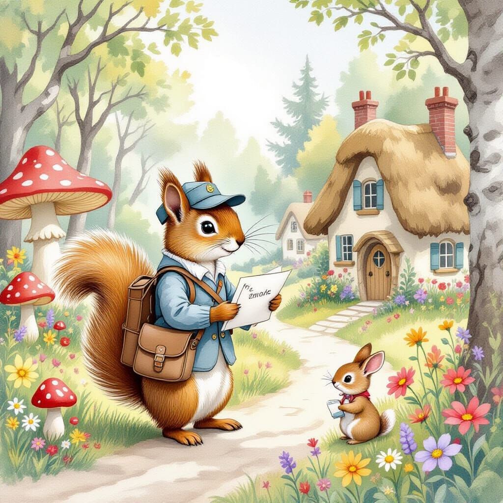 Squirrel Postman Delivers Letters in Forest Village