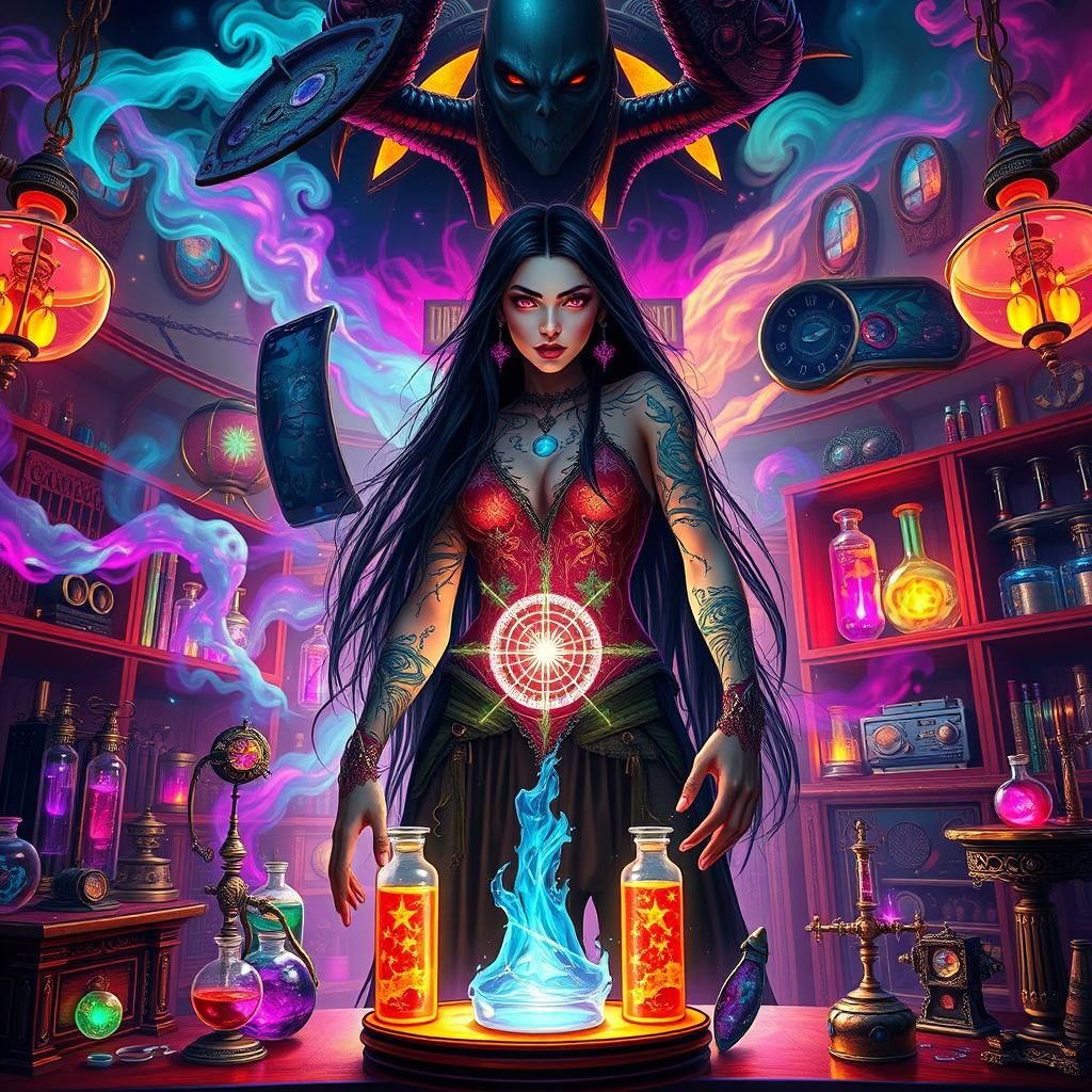 Witch Summons Magic in Neon Laboratory
