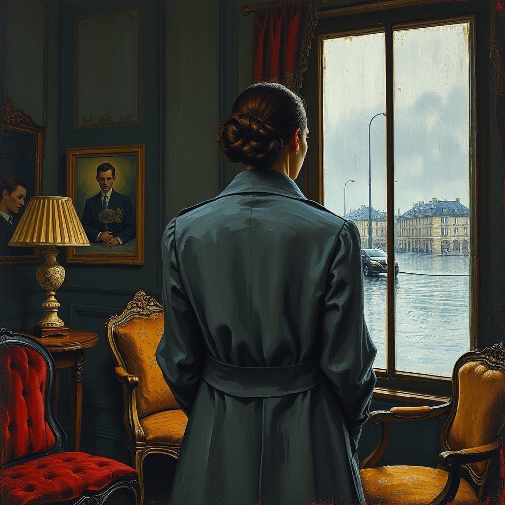 Woman Gazing at Rainy Paris in Expressionist Style