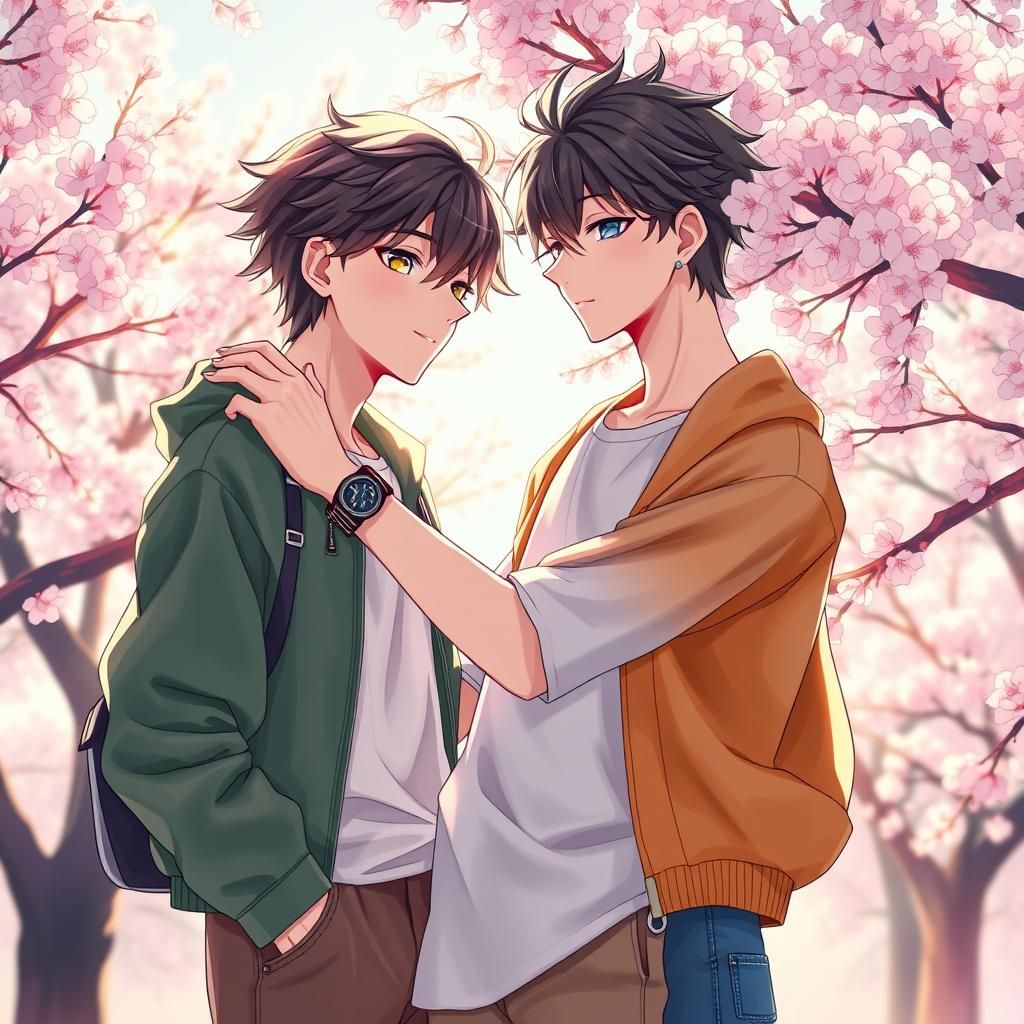 Boys Embrace Under Cherry Blossoms, 3D Anime Style