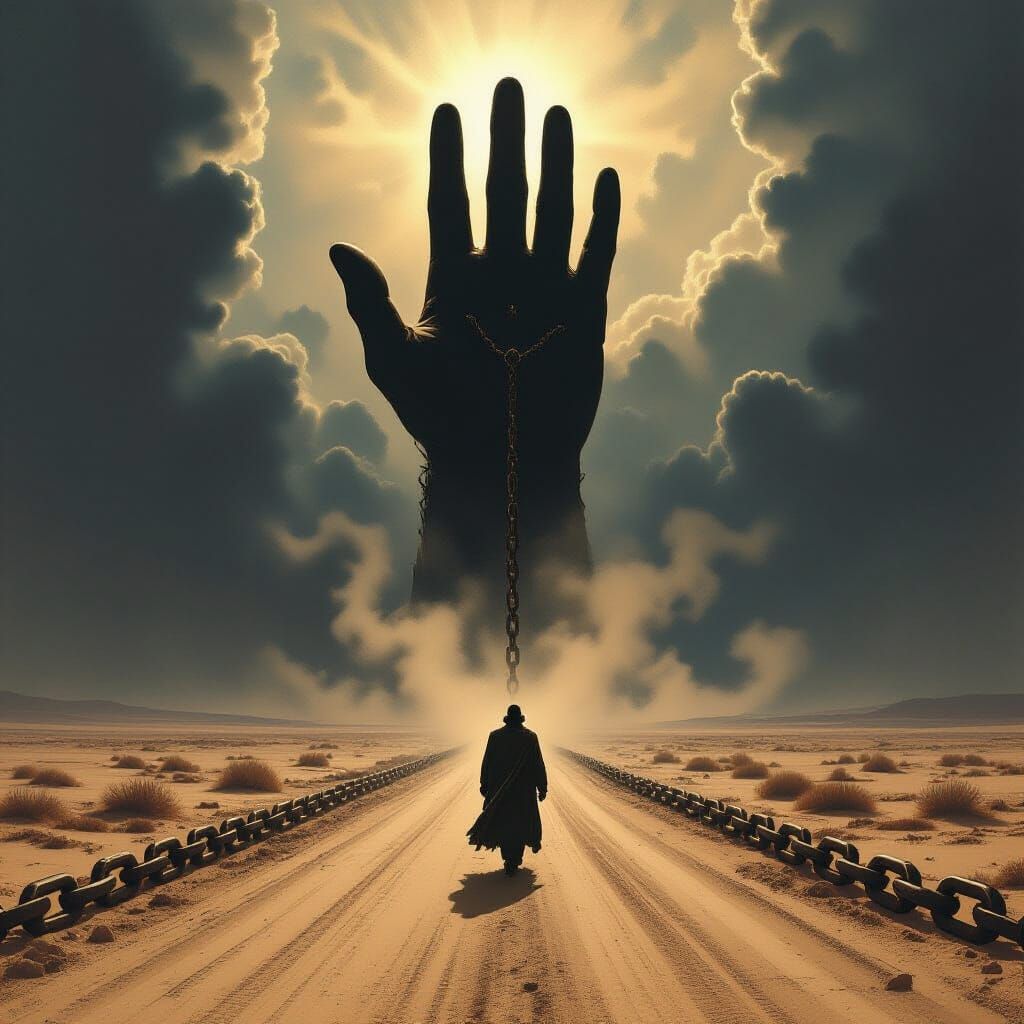 Man Walks Towards Divine Hand, Devil Chained Behind