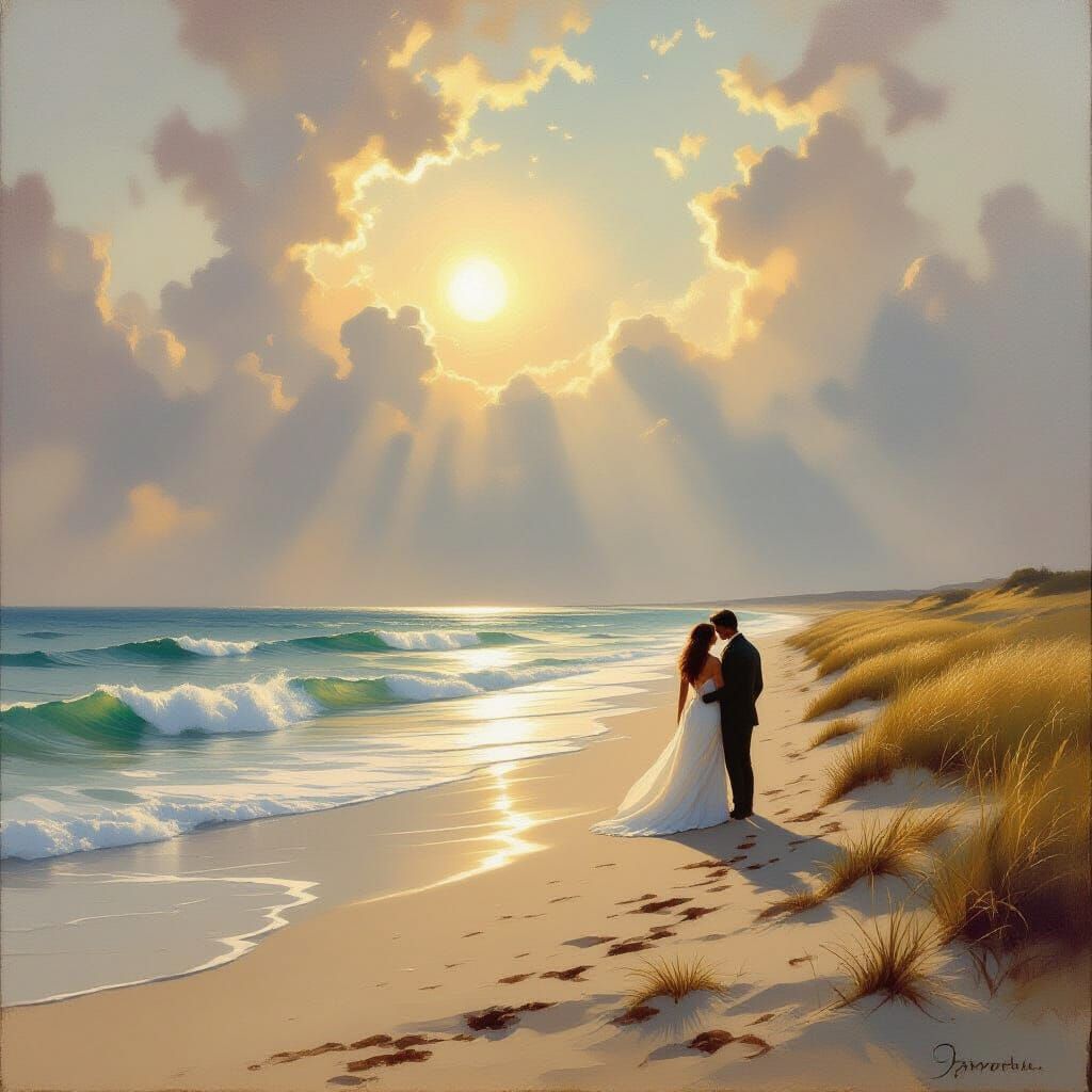 Ethereal Beach Scene with Abstract Lovers in Impressionist S...