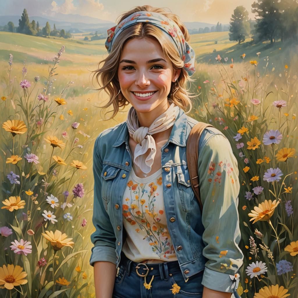 Girl in Sunlit Meadow, Ethereal Fantasy Painting