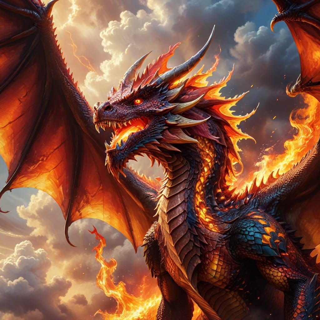 Red Dragon Spitting Fire in Golden Clouds