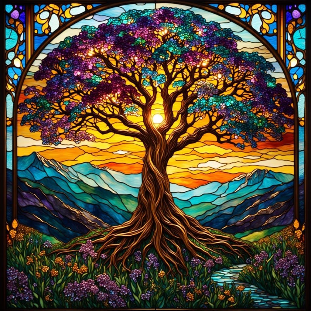 Vibrant Stained Glass Tree of Life Illuminated by Sunset