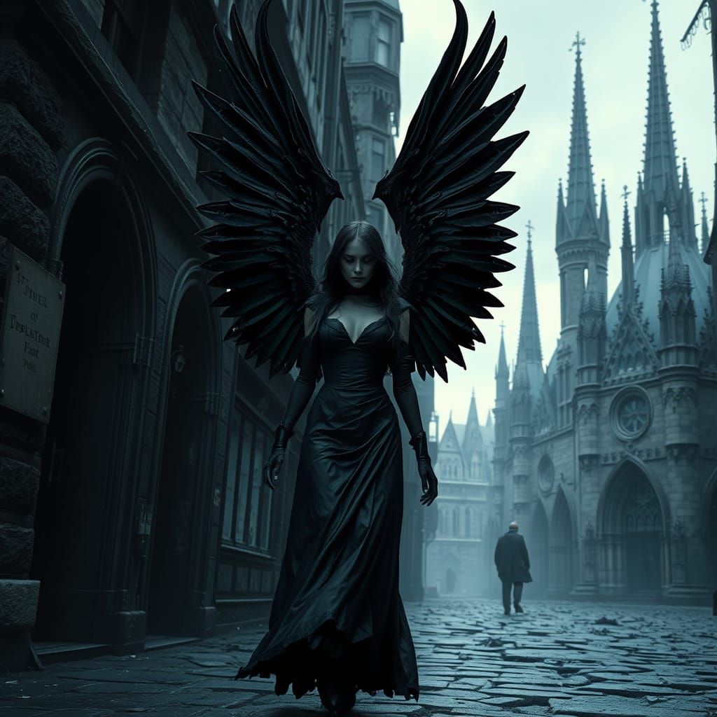 Dark Gothic Cityscape with Wings