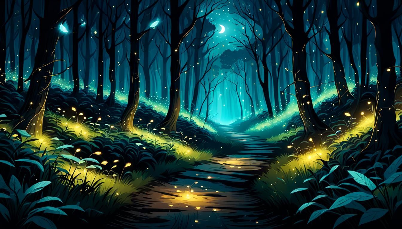 Dark Forest Fantasy with Fireflies, Minimalist Illustration