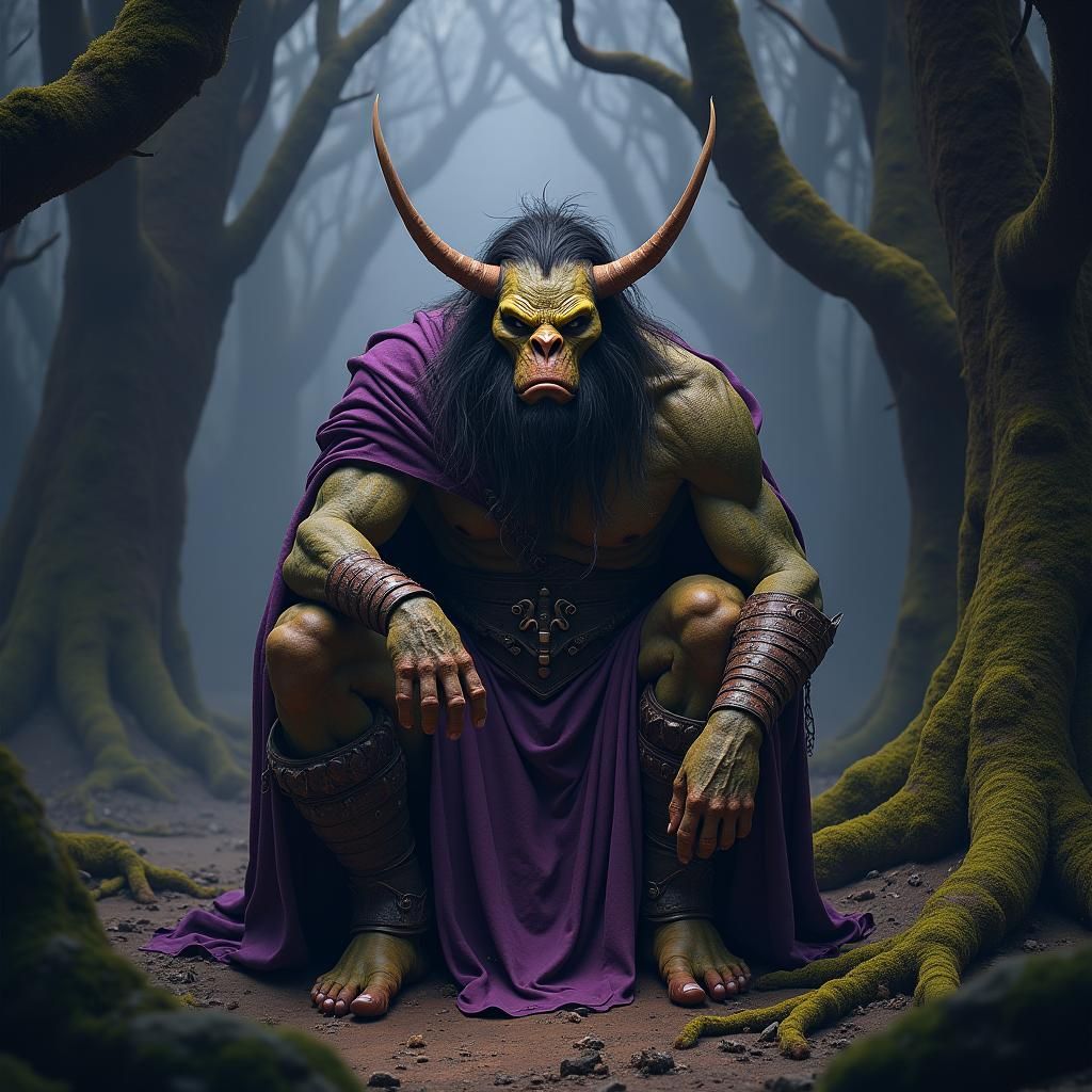 Slumped Mountain Troll in Dark Fantasy Forest