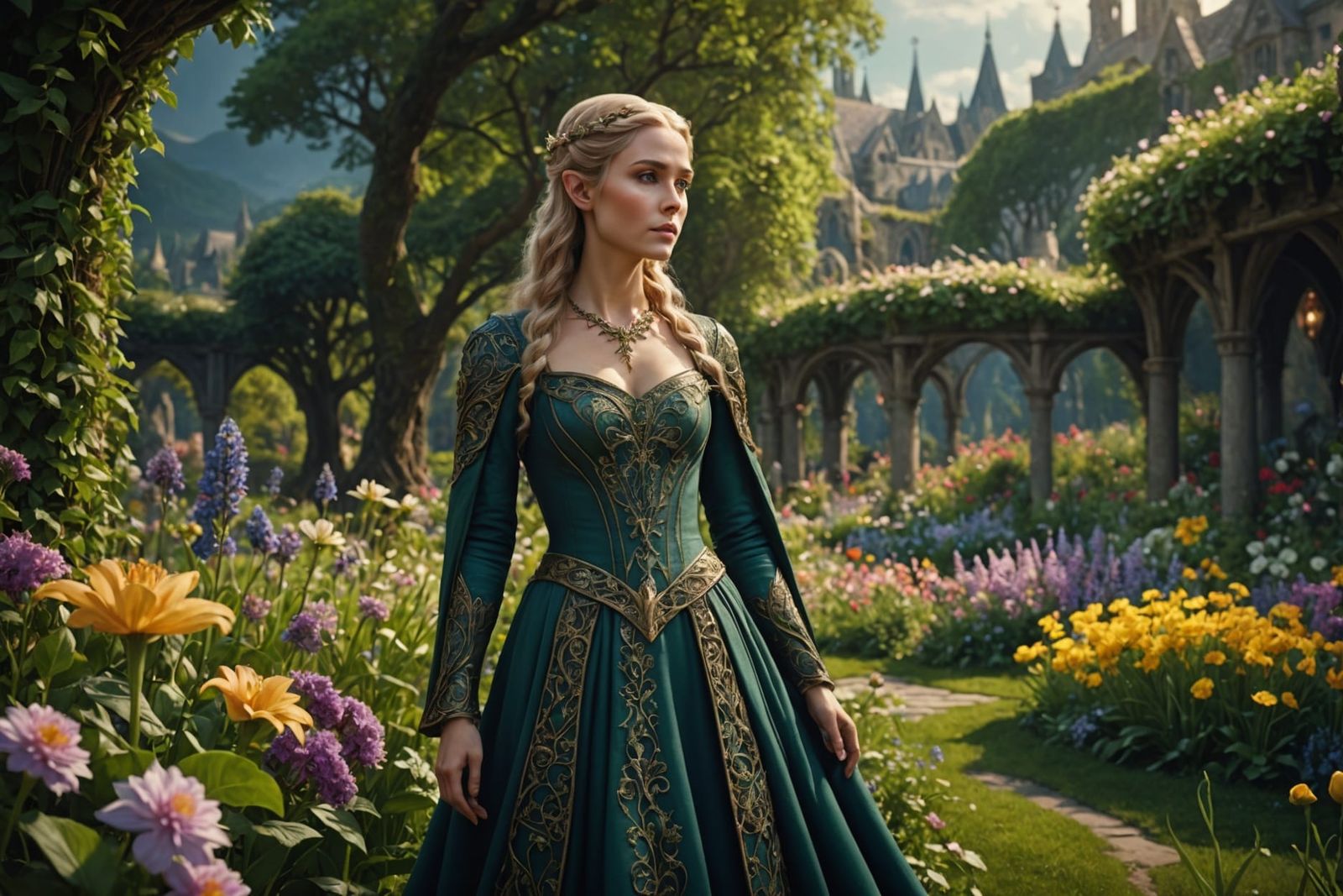 Elven Maiden in Flower Garden: Digital Matte Painting